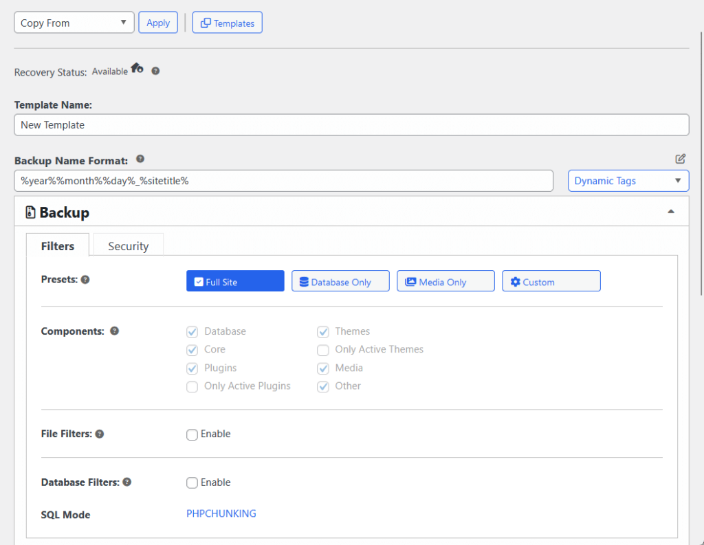 creating a new backup template in duplicator