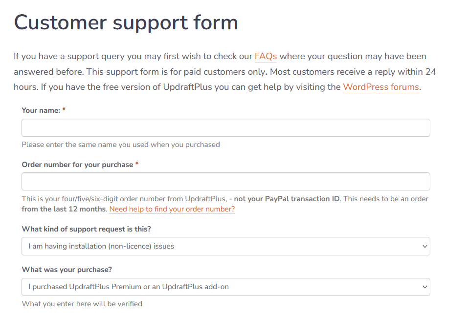customer support form for premium updraftplus users