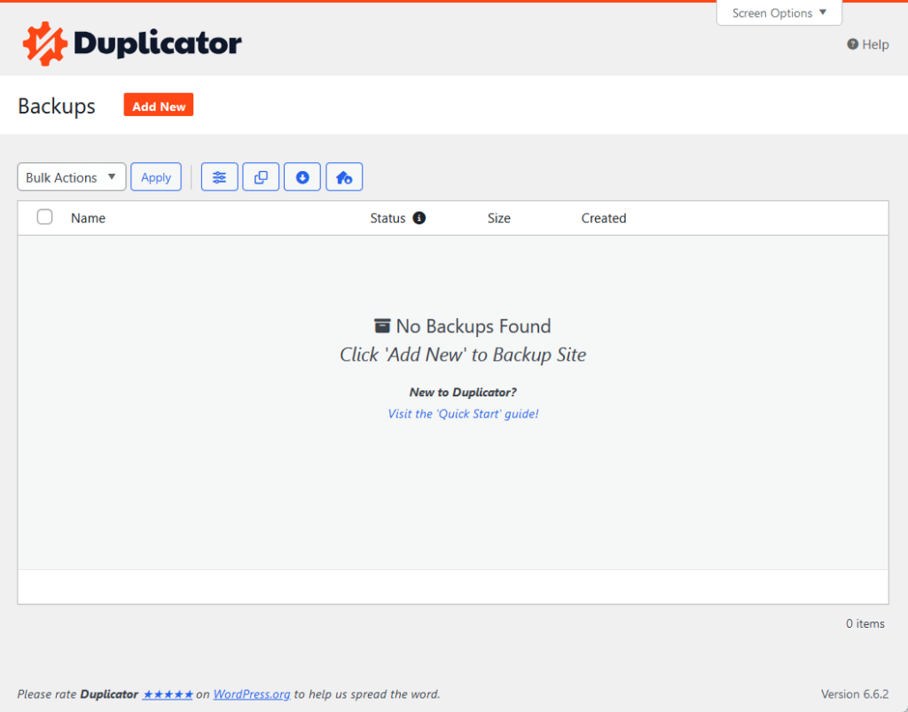 duplicator backup page