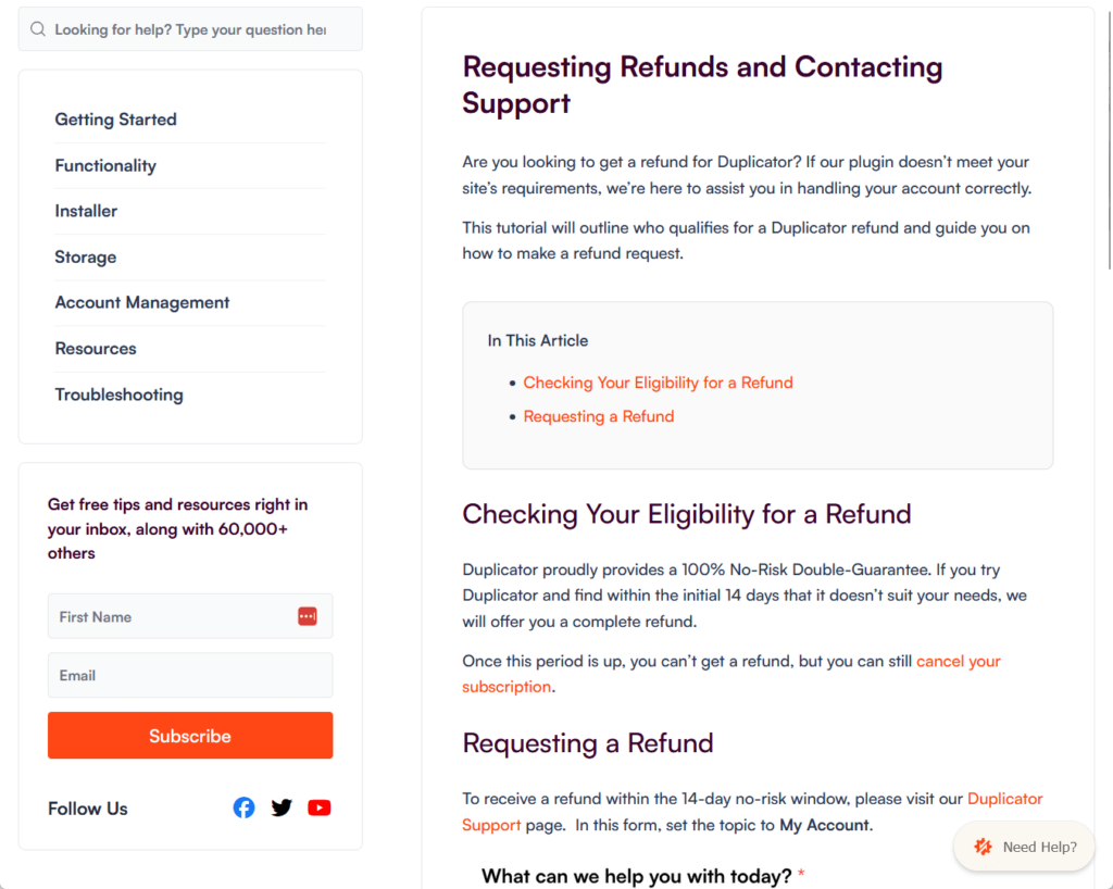 duplicator documentation on refunds