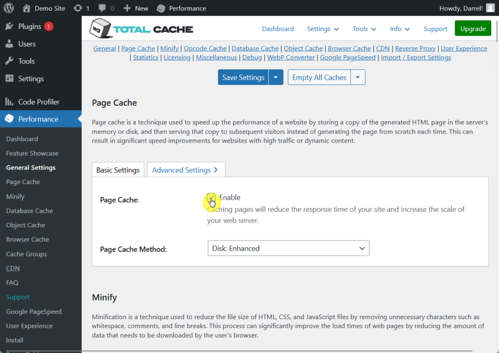enable features of w3 total cache