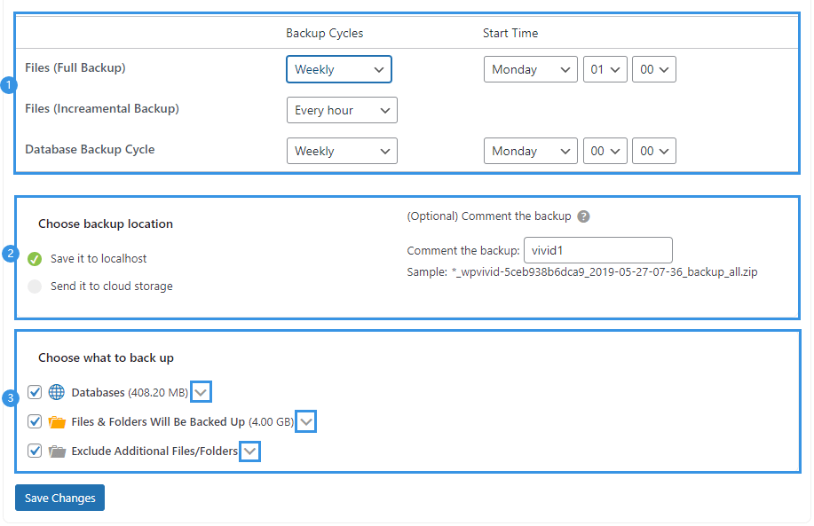 incremental backup settings in wpvivid