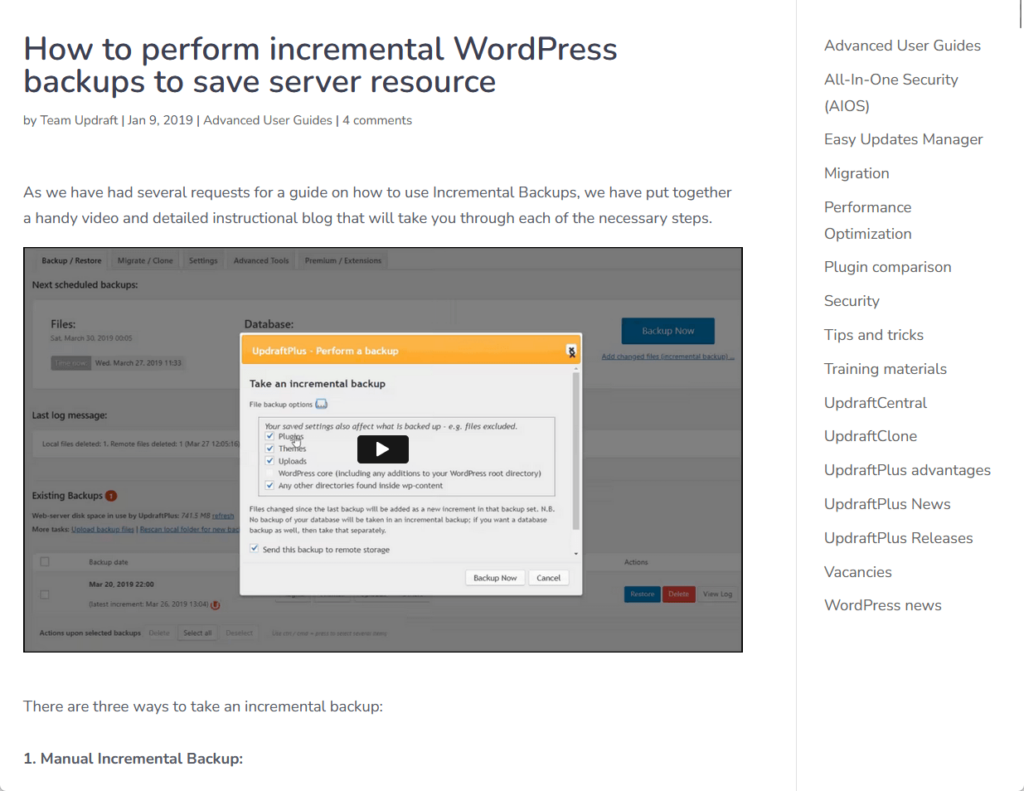 incremental backups blog post from updraftplus