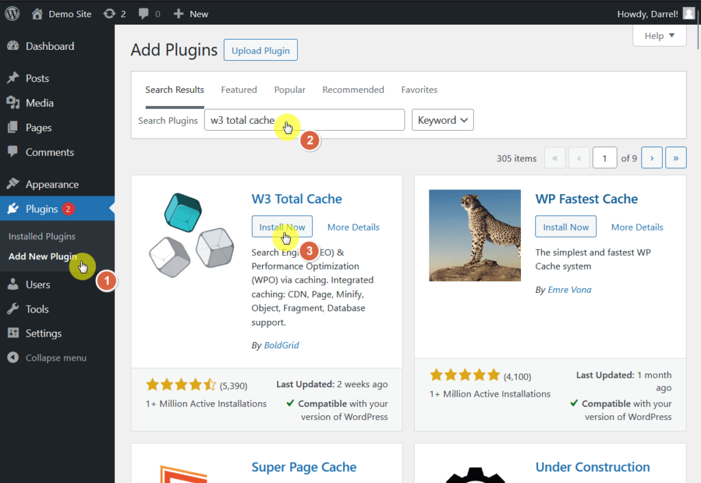 install and activate free w3 total cache plugin