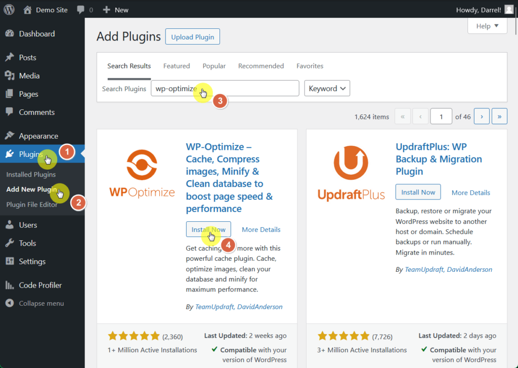 install and activate free wp-optimize plugin