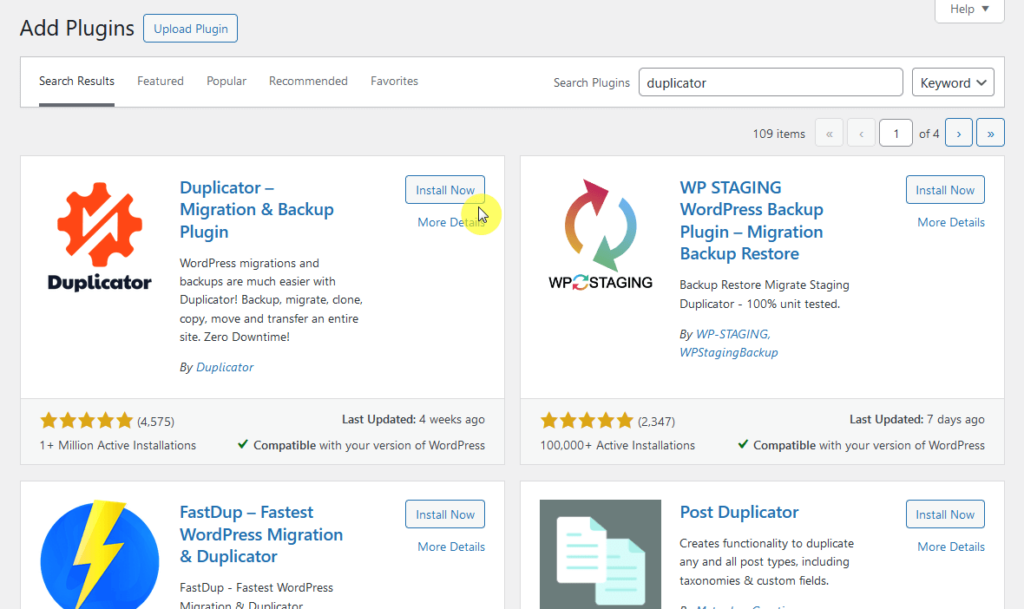 install now the duplicator free version