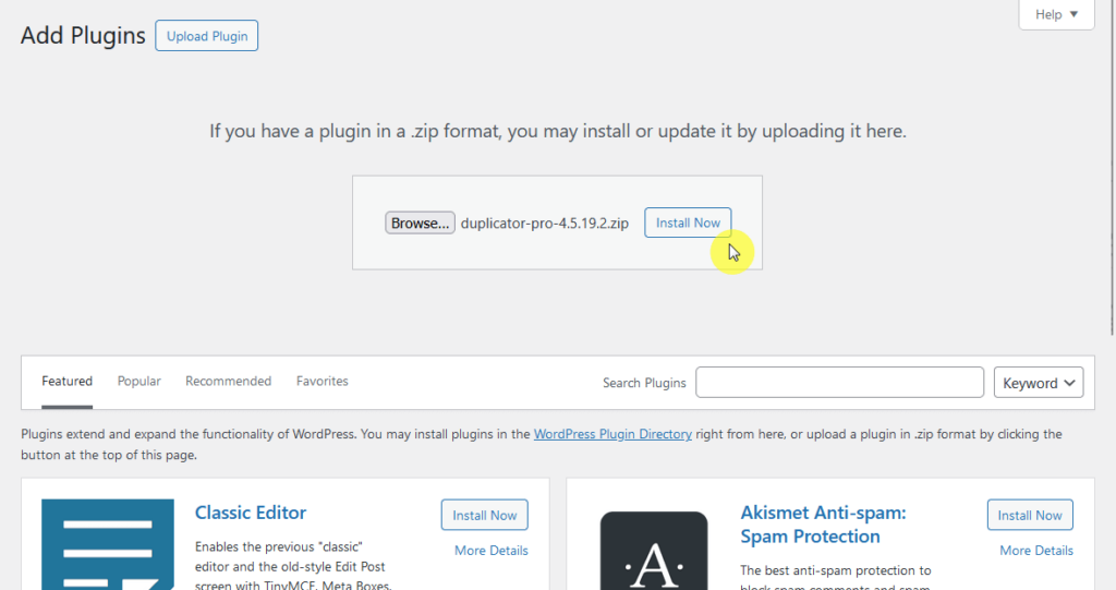 install now the duplicator pro plugin