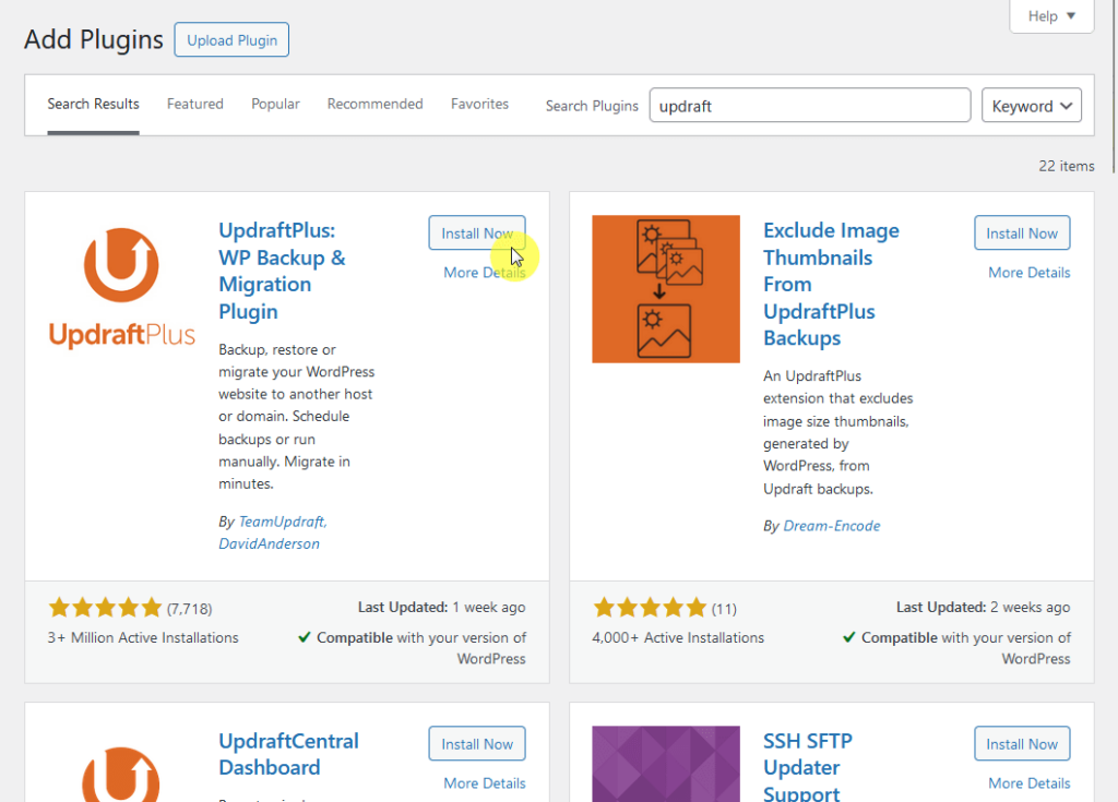 install the free version of updraftplus