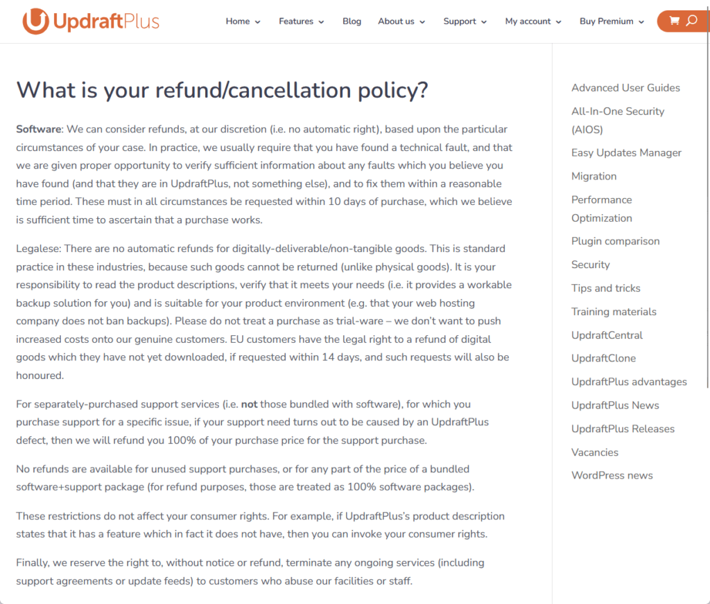 refund or cancellation policy of updraftplus