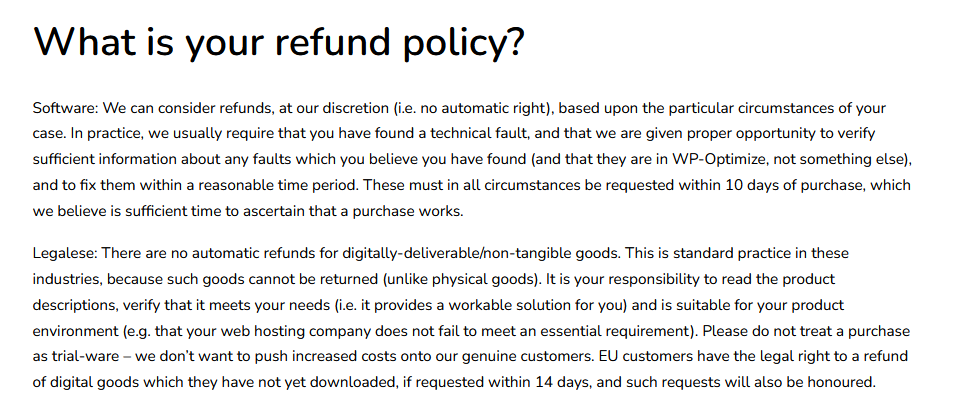refund policy from wp-optimize