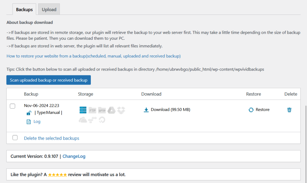 restore backup button in wpvivid