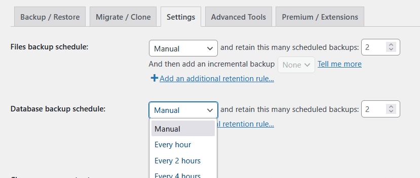 scheduled backups in updraftplus