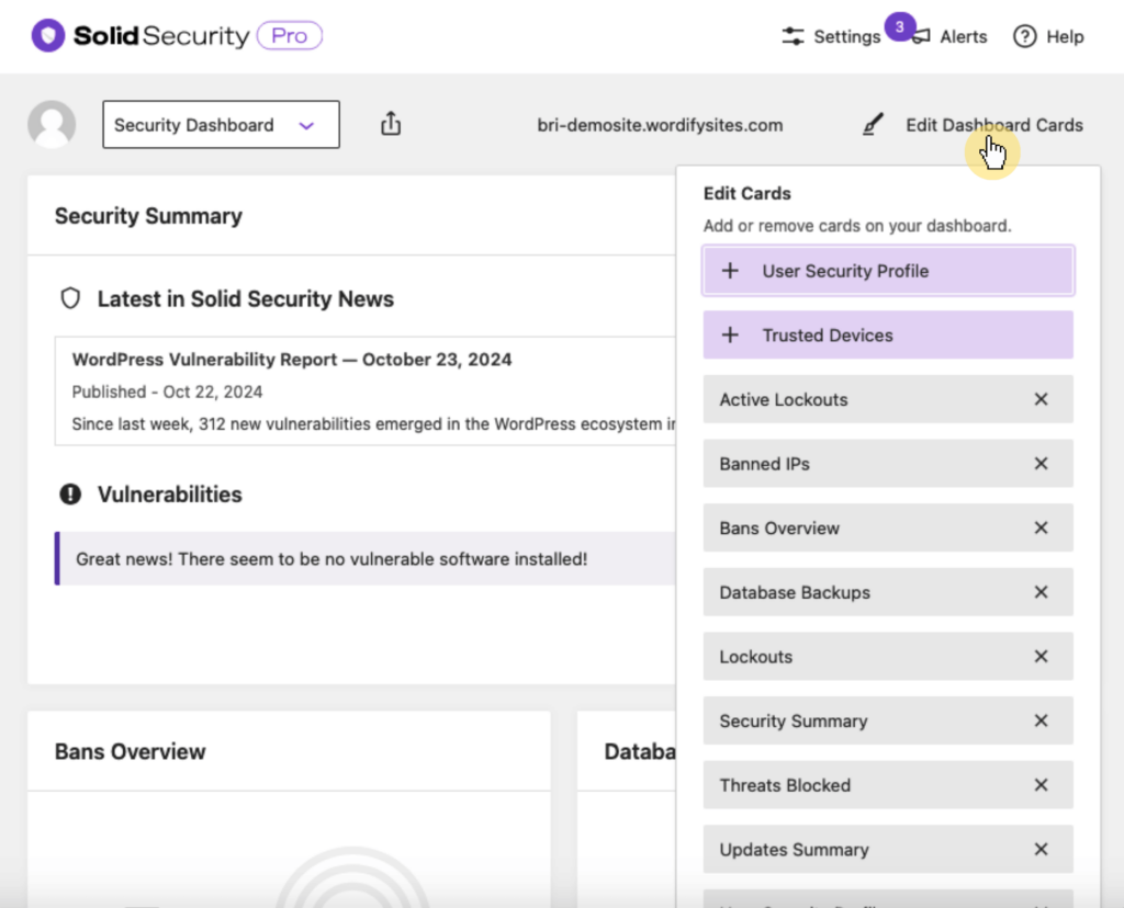 solid security edit dashboard cards