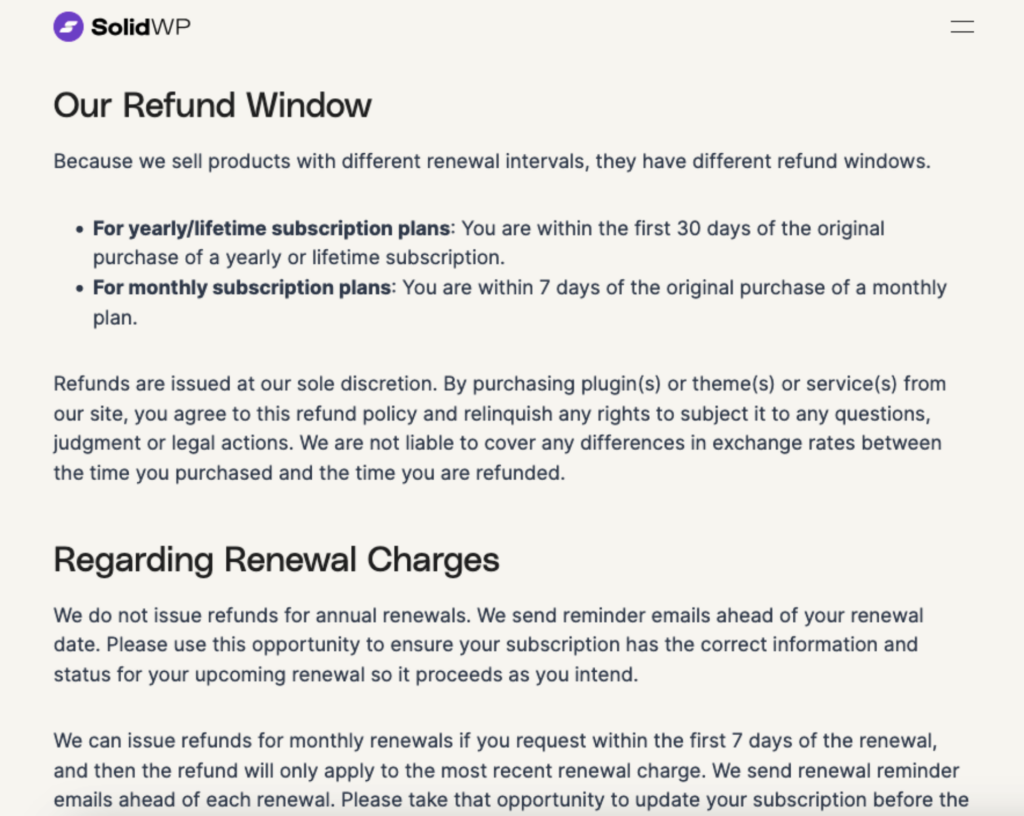 solidwp refund policy