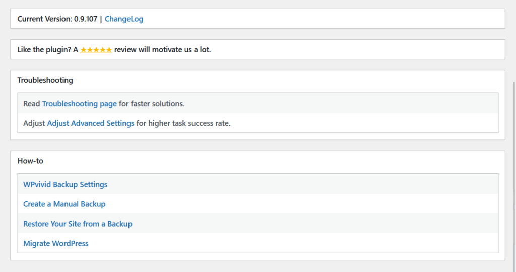 troubleshooting and how-to sections in wpvivid plugin