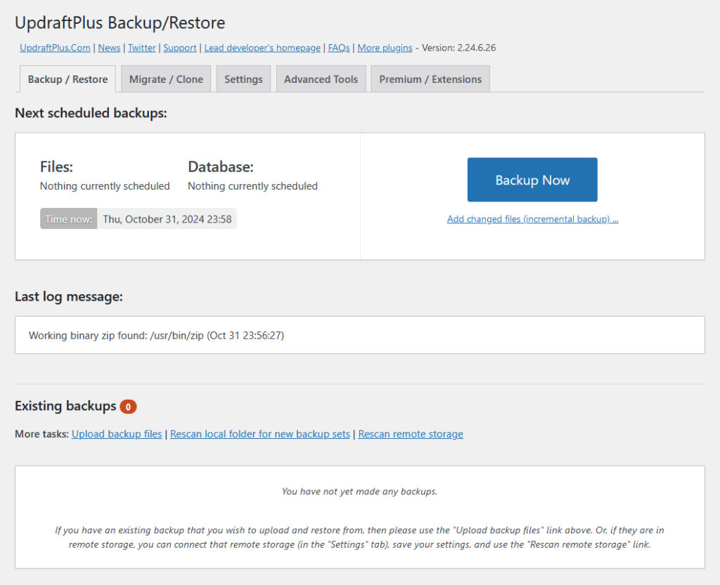updraftplus backup and restore section
