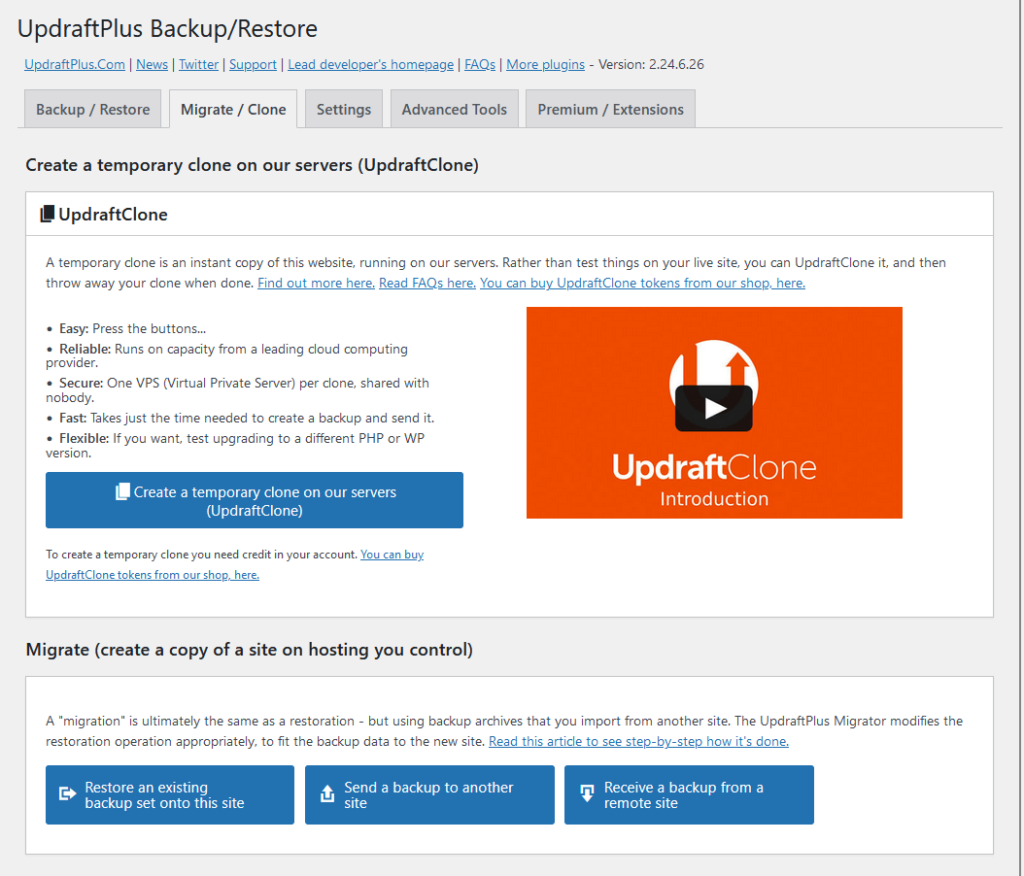 updraftplus migrate and clone tab