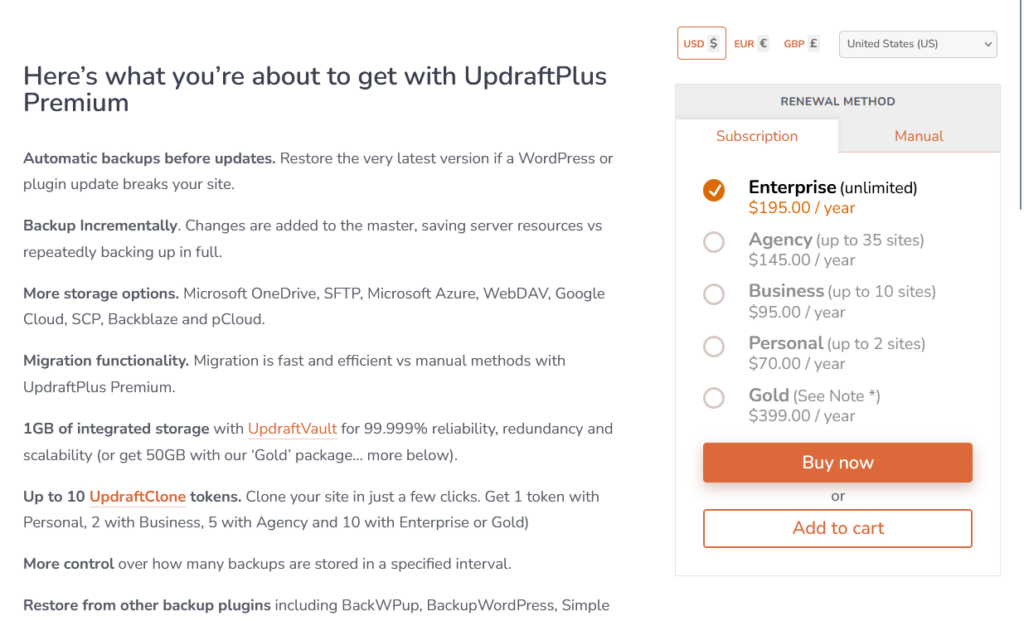 updraftplus premium pricing