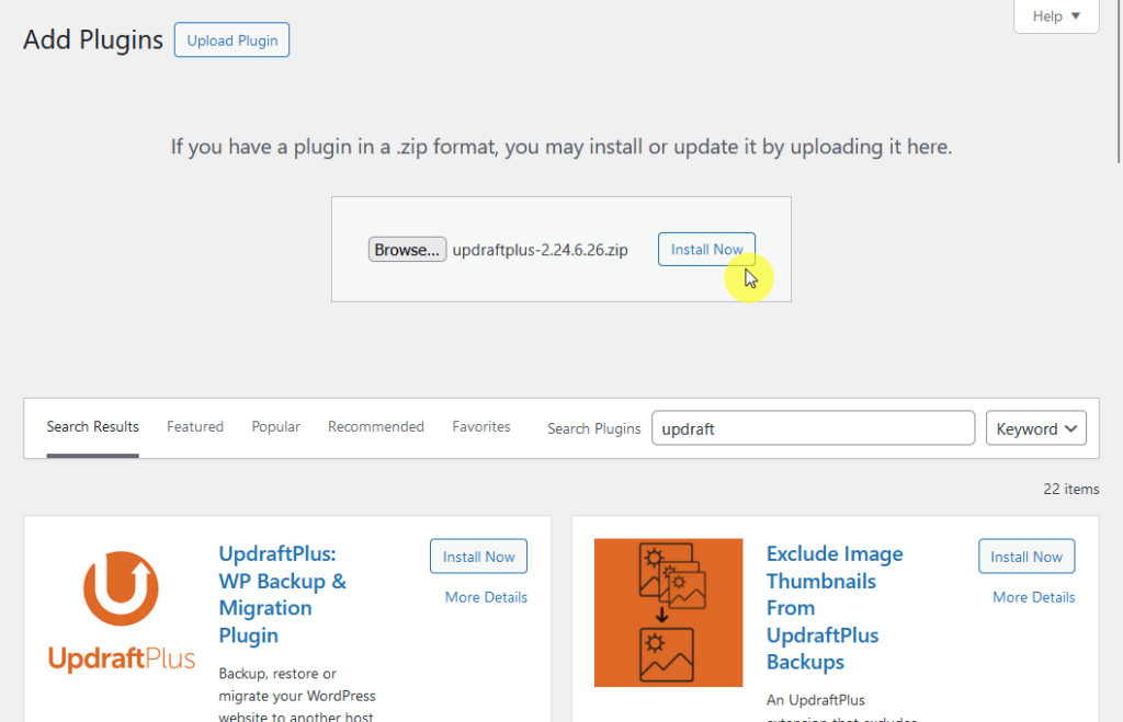 upload and install updraftplus premium