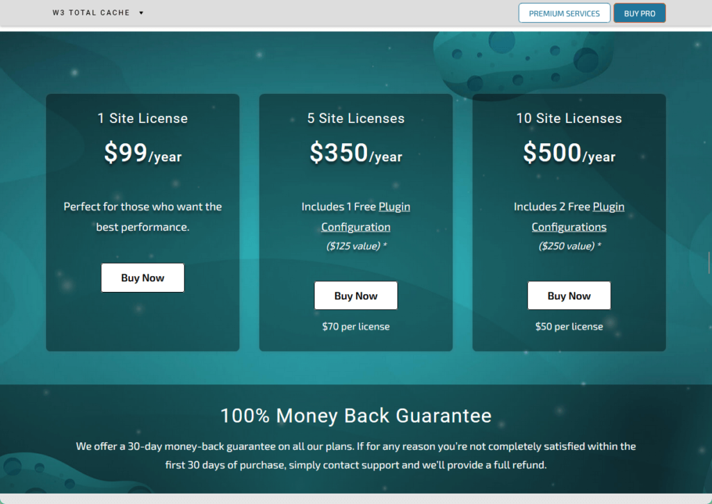 w3 total cache pricing plans and money back guarantee