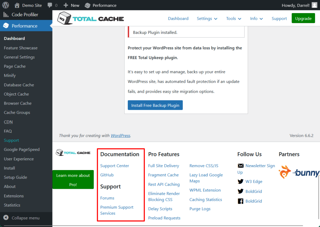 w3 total cache support and documentation