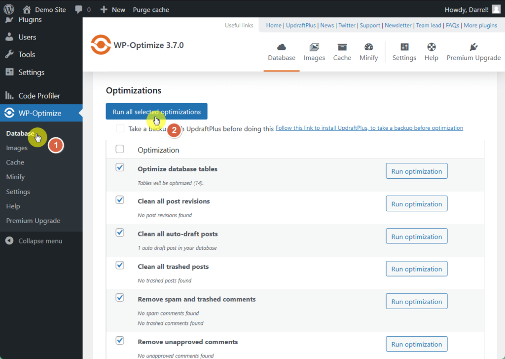 wp-optimize database optimization