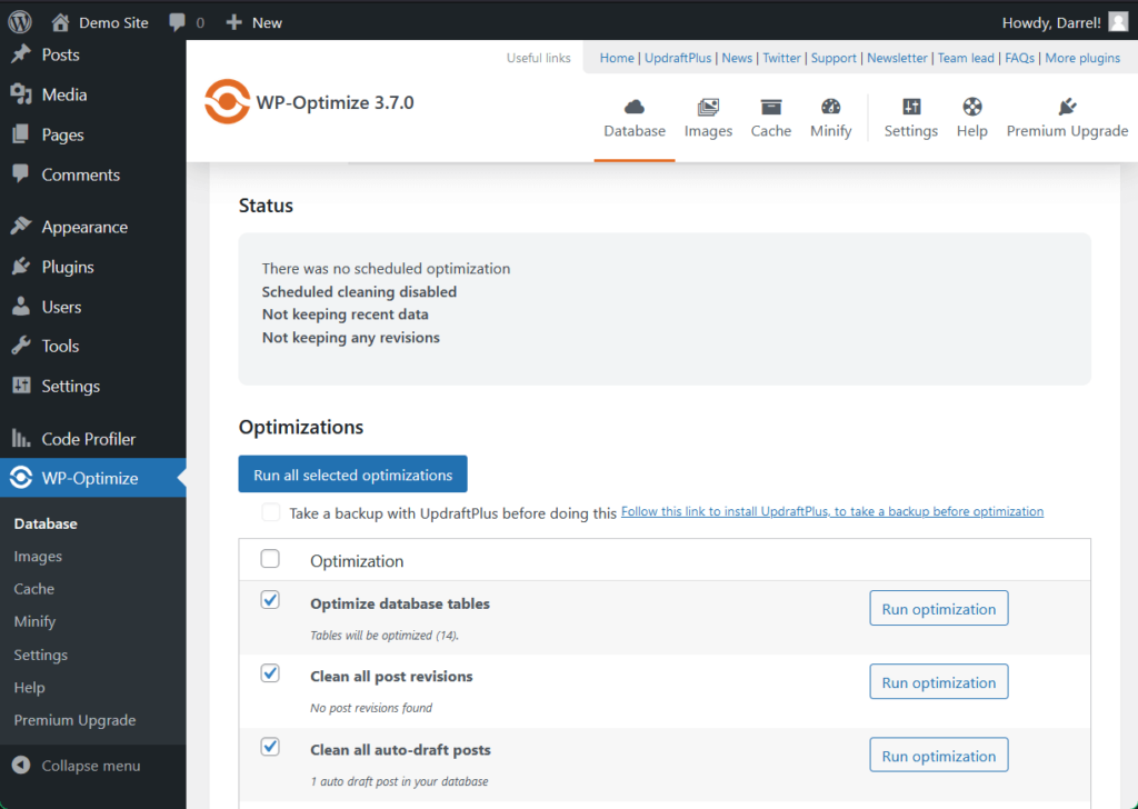 wp-optimize database page