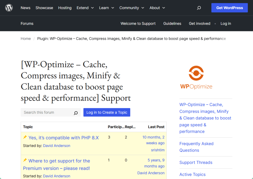 wp-optimize forum page