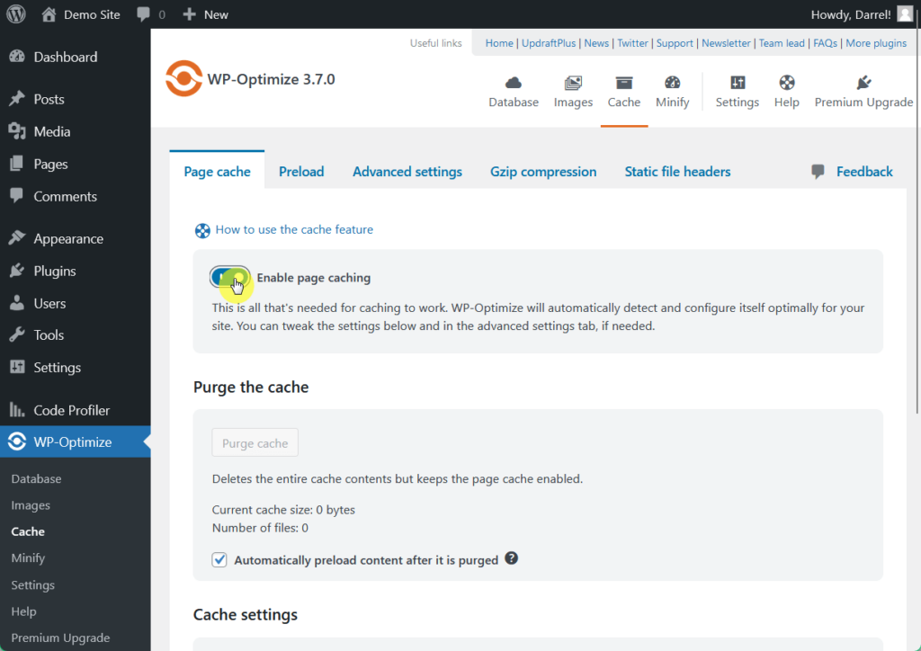 wp-optimize page caching