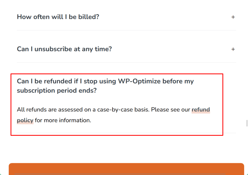 wp optimize refund faq