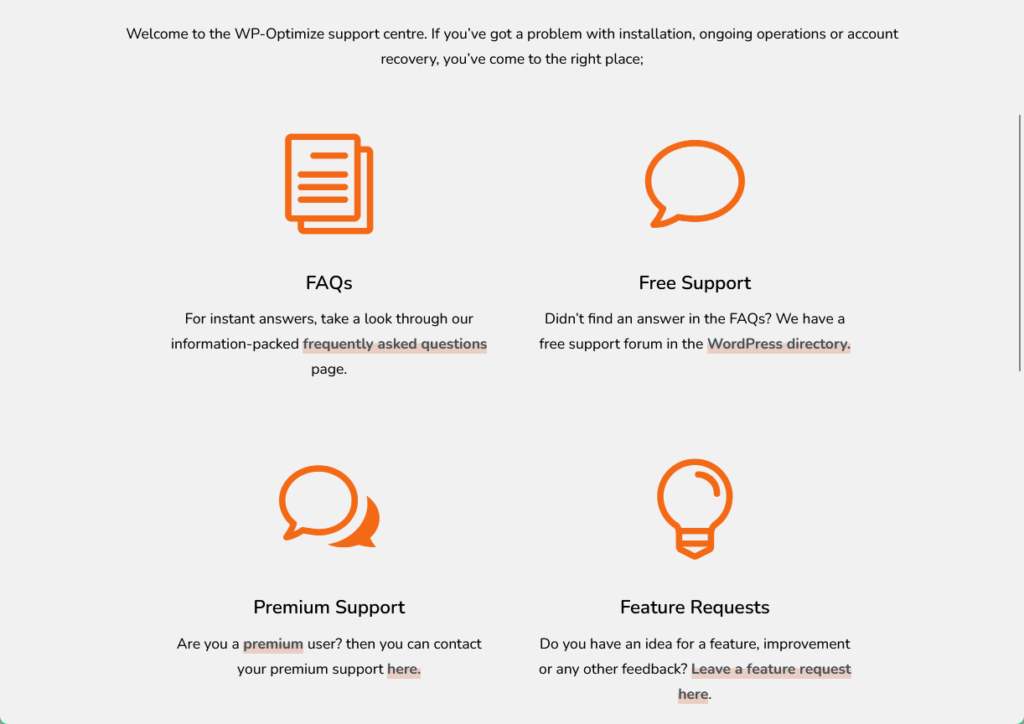 wp-optimize support page