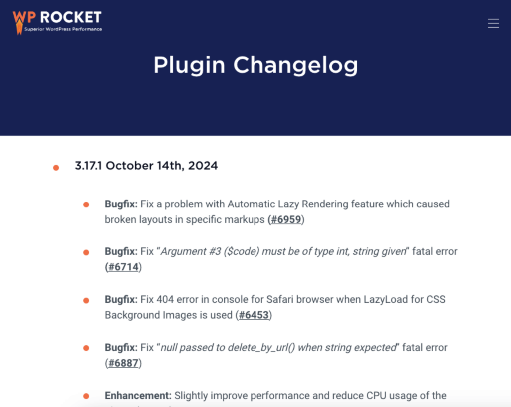 wp rocket changelog