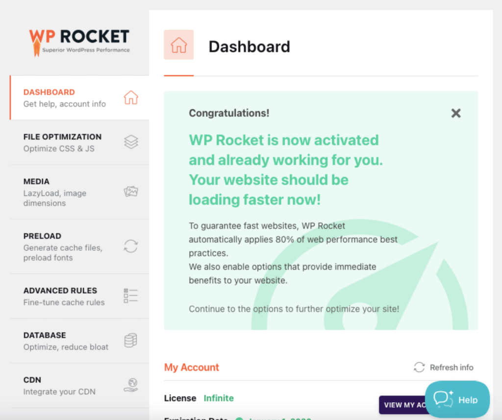 wp rocket dashboard
