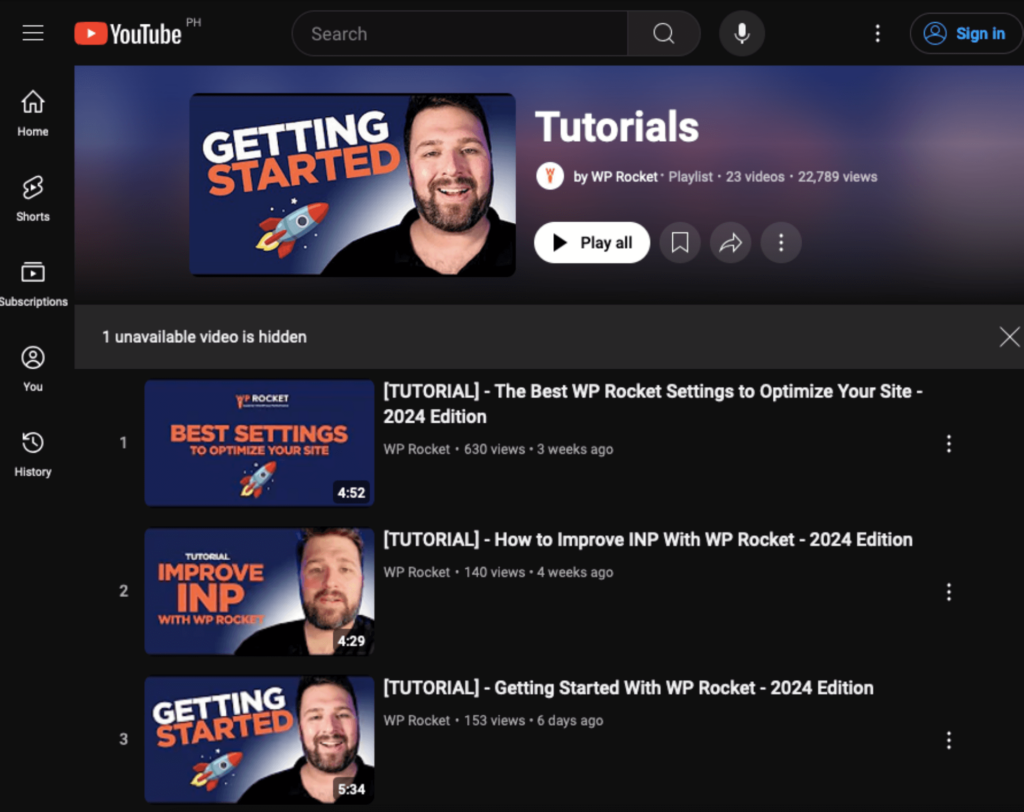 wp rocket youtube page