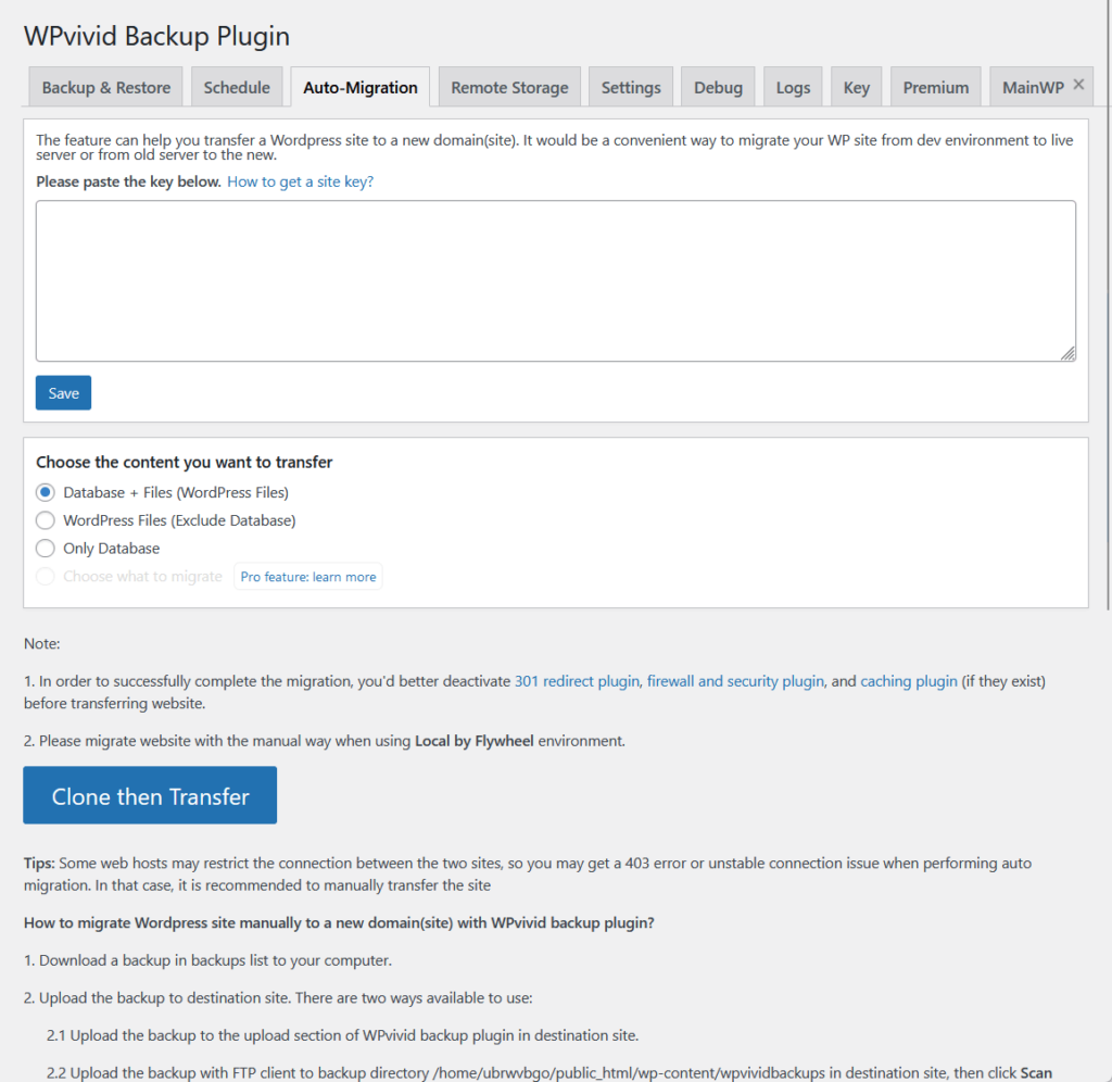 wpvivid automigration plugin page