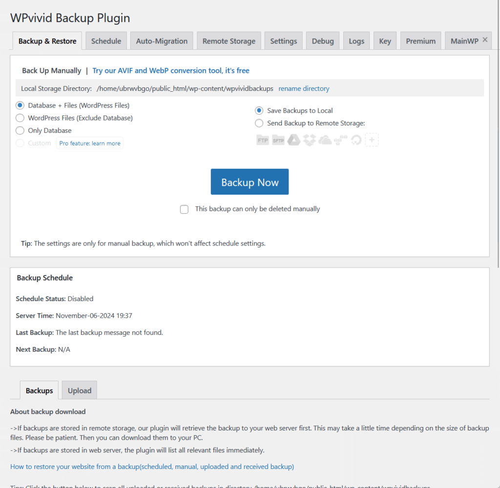 wpvivid backup and restore plugin page