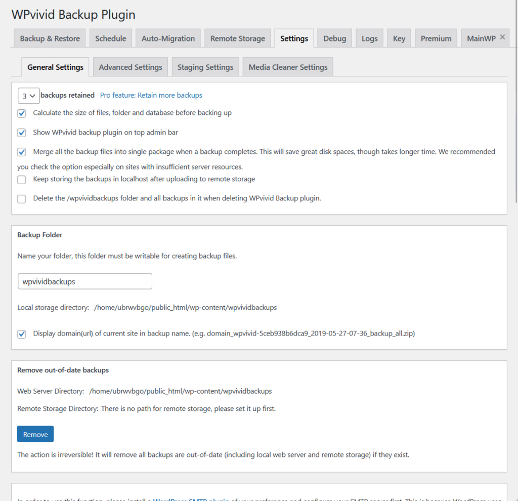 wpvivid settings plugin page