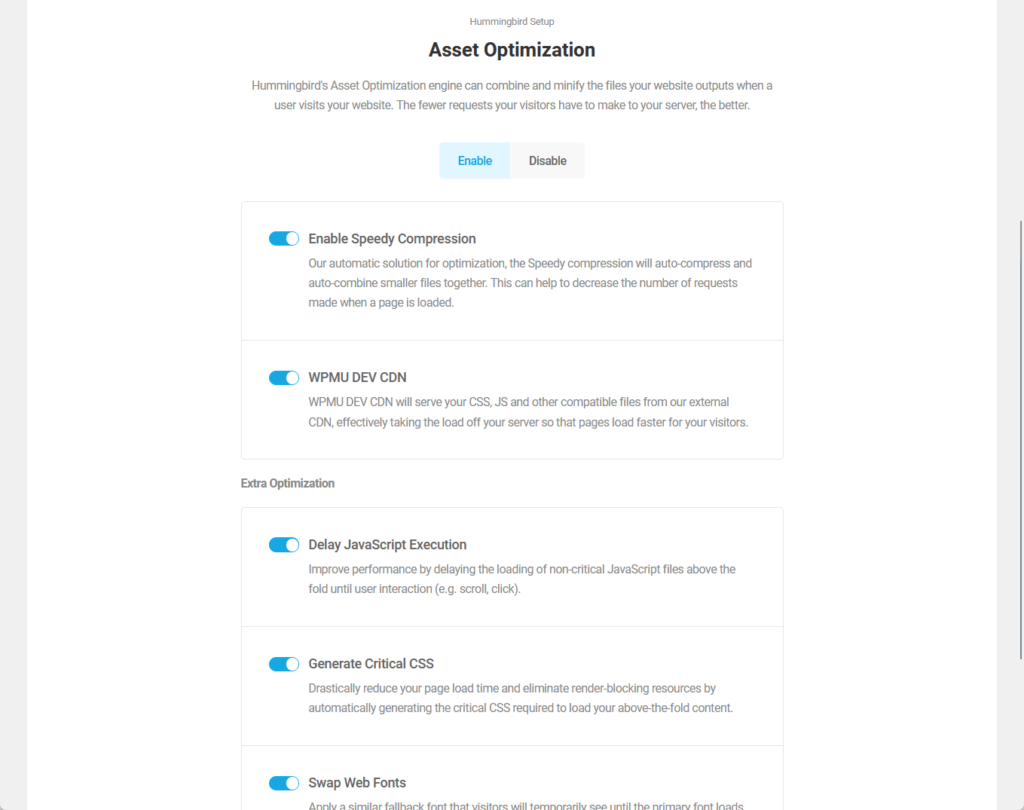 asset optimization step in the hummingbird setup wizard