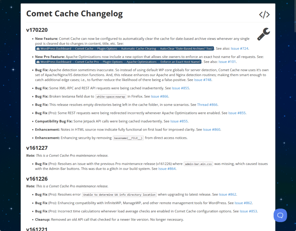 comet cache changelog