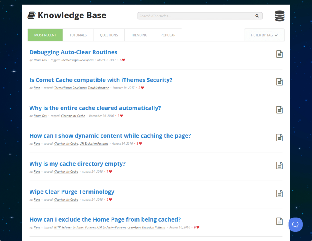 comet cache knowledge base home page