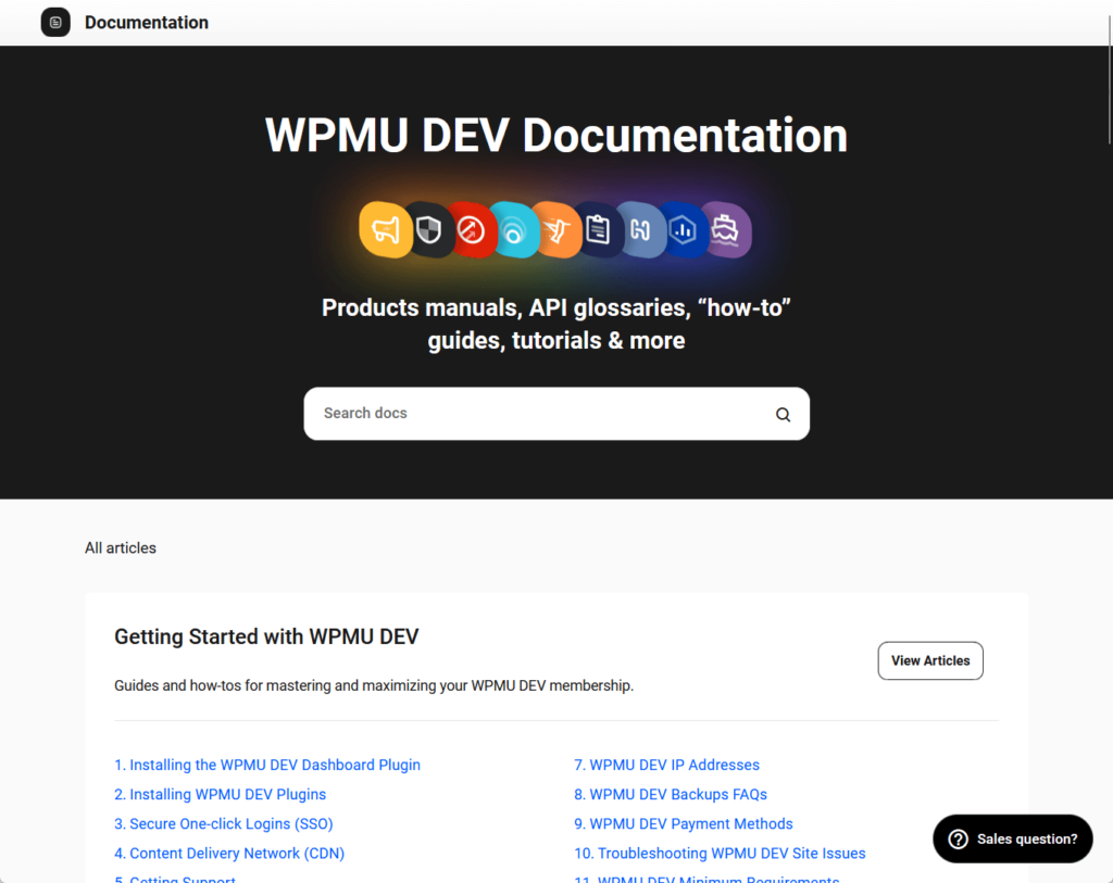 documentation home page of wpmu dev