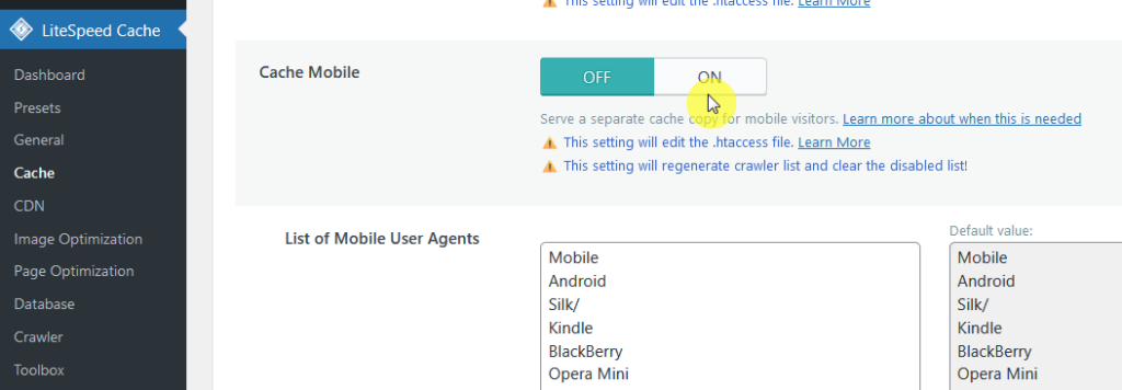 enabling cache mobile in litespeed cache