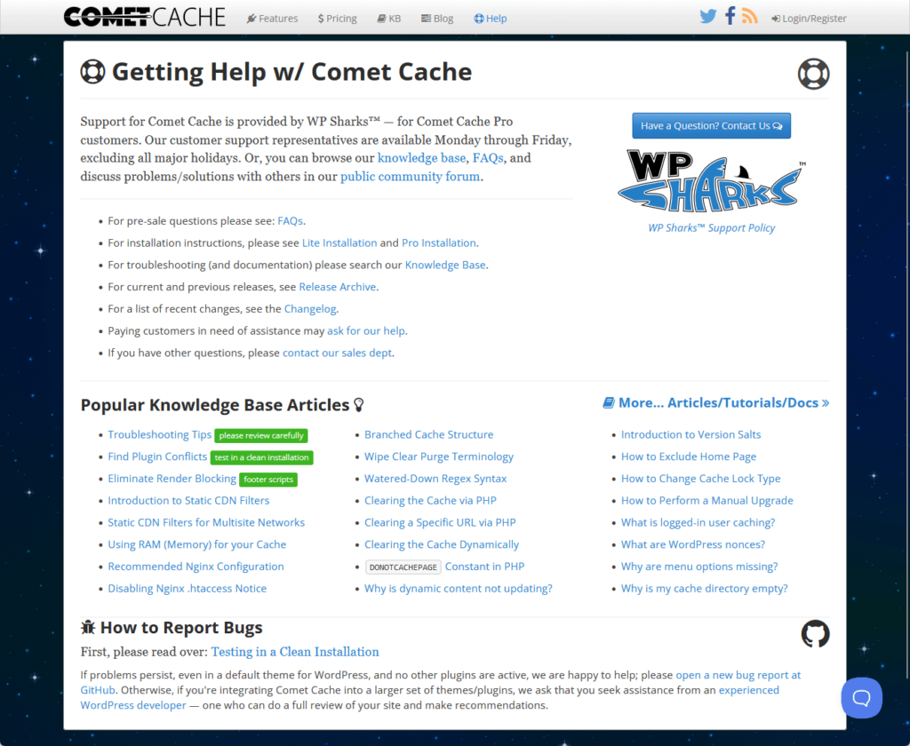 help page in comet cache website