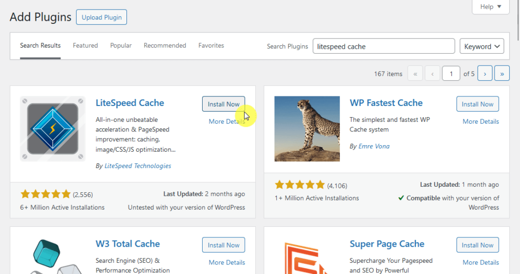 install now the litespeed cache plugin