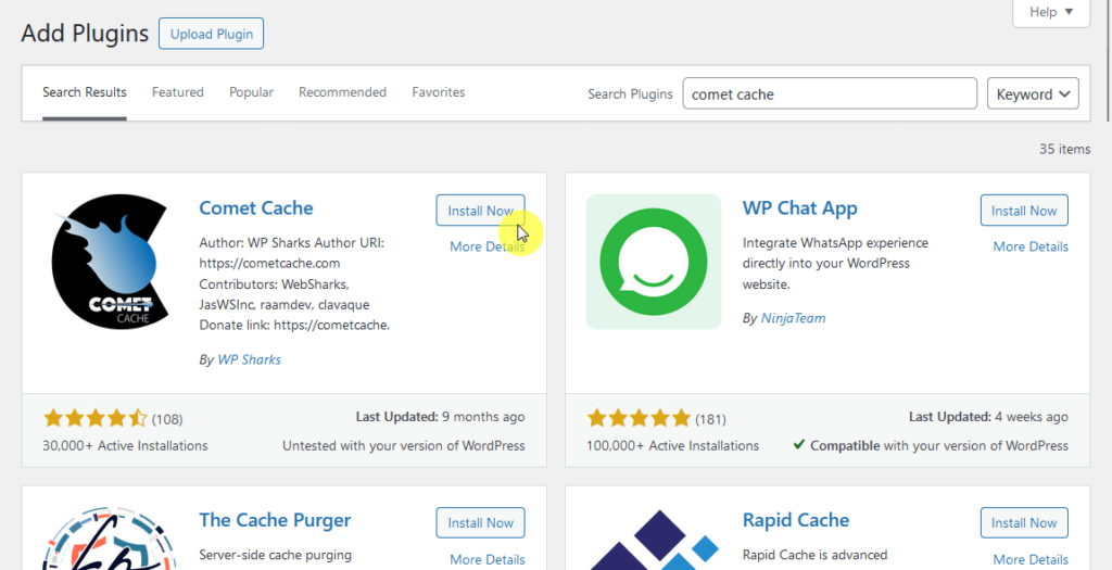 install the free version of comet cache
