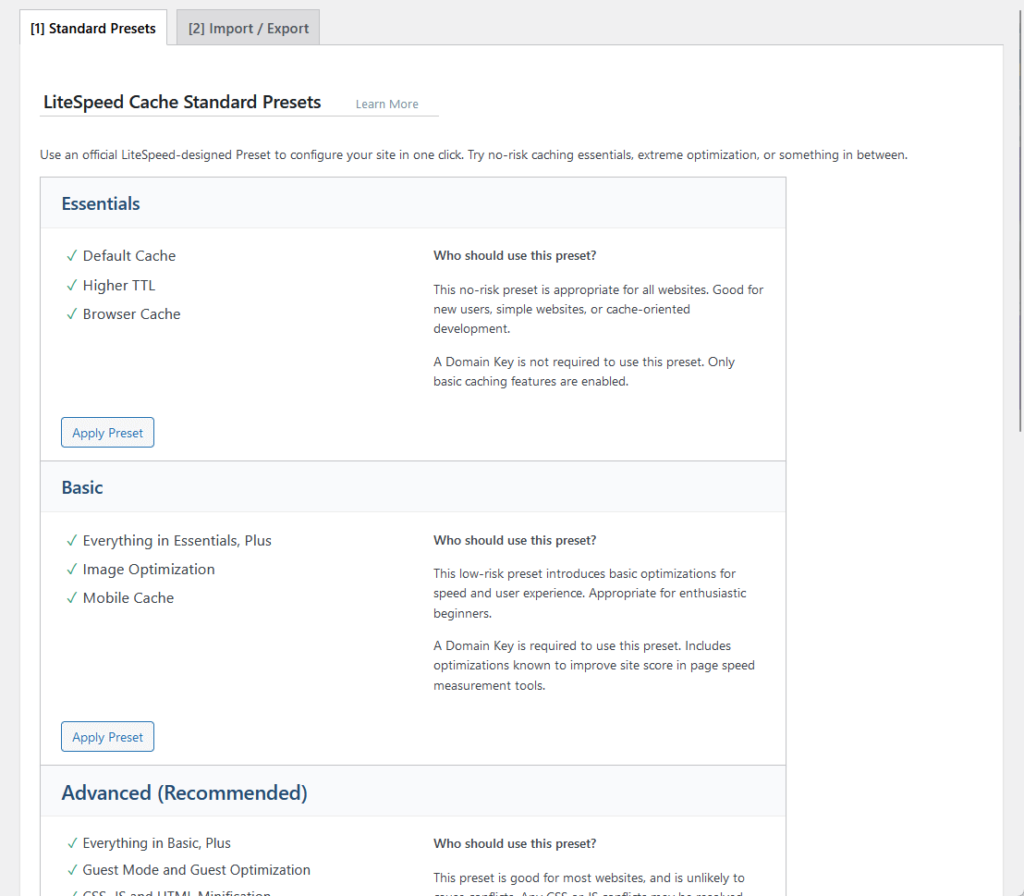litespeed cache configuration presets