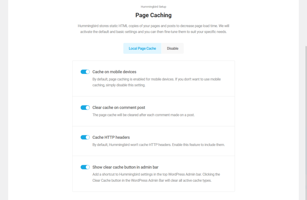 page caching step in the hummingbird setup wizard