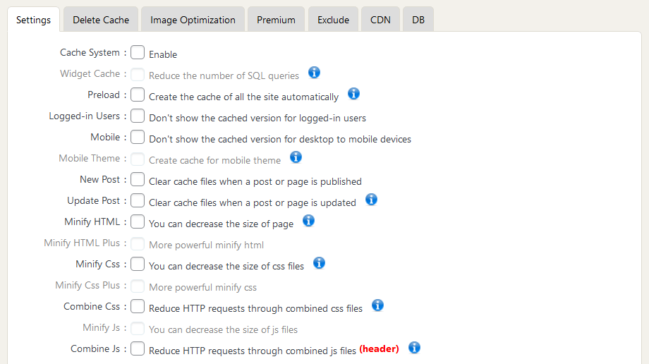 settings page of wp fastest cache premium
