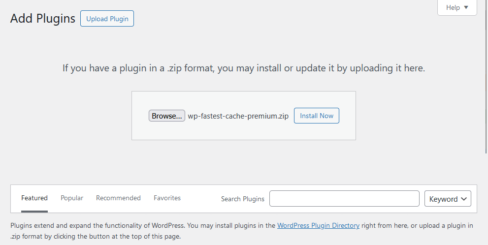 upload the premium version of wp fastest cache