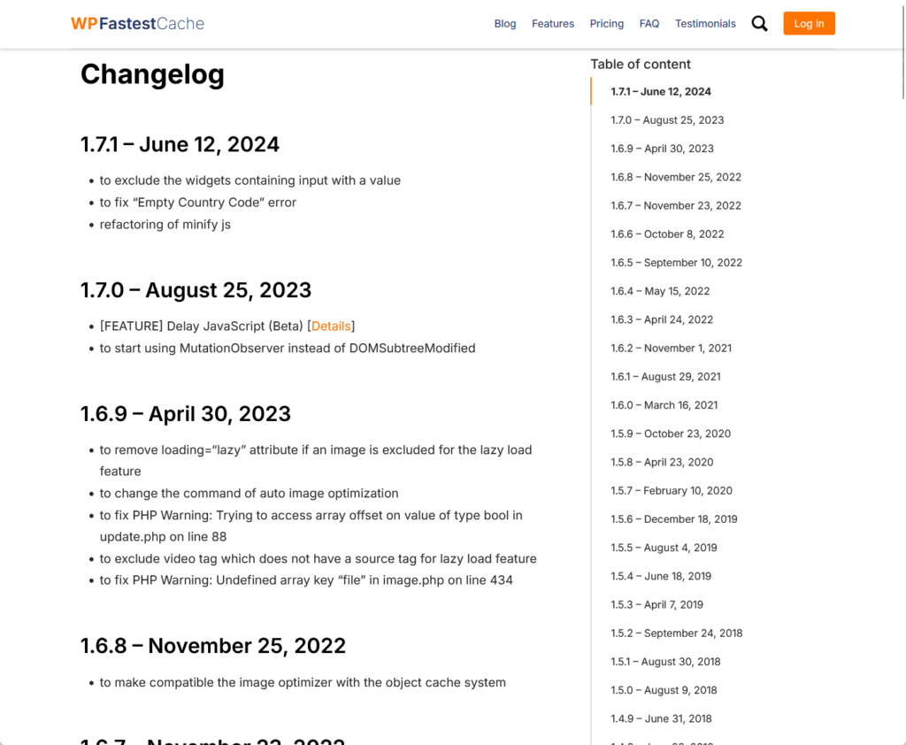wp fastest cache changelog